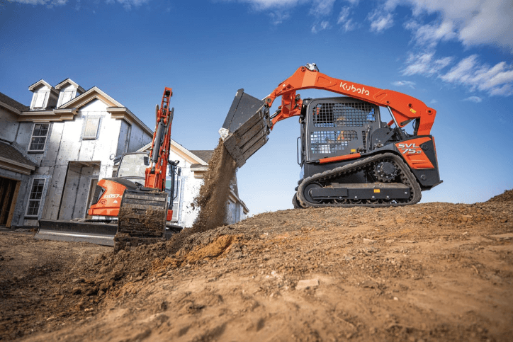 Track loader and excavator on site